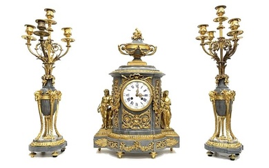 19th Century French Louis XV Style Marble & Gilt Garniture Clock Set