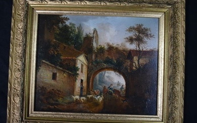 19th Century Oil on board , figures under a bridge 18 x 23 cm