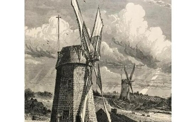 19thc Wood Engraving, Grist Windmills, East Hampton New