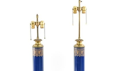 (2) FRENCH NEOCLASSICAL BLUE & GOLD TOLE LAMPS