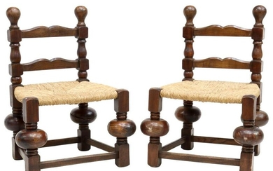 (2) FRENCH PROVINCIAL WALNUT RUSH SEAT LOW CHAIRS