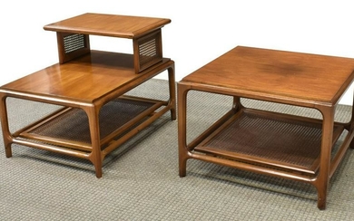 2) MID-CENTURY WALNUT & CANE TWO-TIER SIDE TABLES