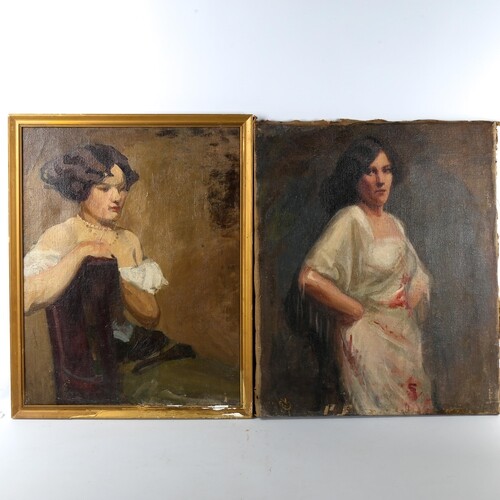 2 early 20th century oils on canvas, portraits of young wome...