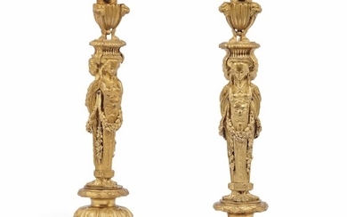 A PAIR OF FRENCH ORMOLU CANDLESTICKS, MID-19TH CENTURY, AFTER THE MODEL BY JEAN-DEMOSTHENE DUGOURC