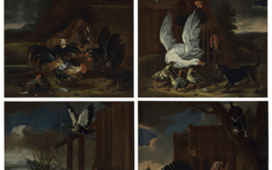 Circle of J. Bouttats (active Prague 1687-1705), Two fighting cockerels with sleeping puppies; Goats and a family of ducks by the edge of a lake; A farmyard scene of a goose, goslings, dog, hen and turkey; and A farmyard scene with turkey, ducks,...