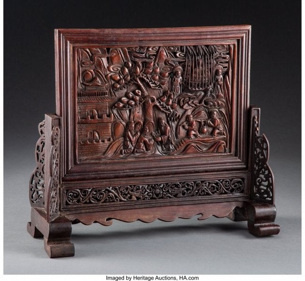 28040: A Chinese Carved Bamboo Table Screen 15-1/8 x 17