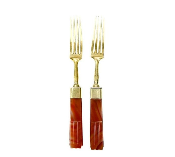 2pc George III English Gilt Sterling Silver Carved Agate Fruit or Dessert Forks