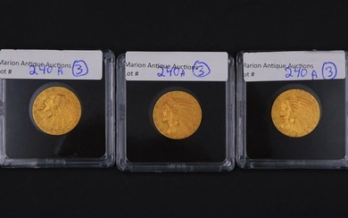 (3) 5 dollar gold Indian Head coins, 1908, 1909