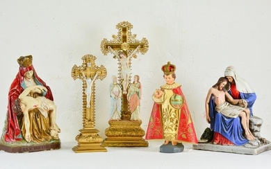 3 Religious Figures & 2 Crucifixes / Crosses
