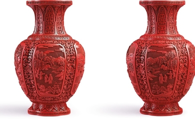 A PAIR OF CARVED CINNABAR LACQUER LOBED 'LANDSCAPE' VASES QING DYNASTY, QIANLONG PERIOD