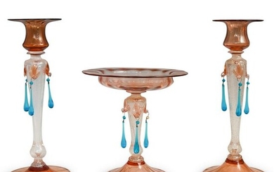 (3Pc) Steuben Glass Compote and Candlesticks