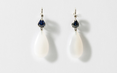 A pair of 18 carat white gold, diamond, sapphire and white agate ear drops