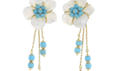 A pair of 18ct gold mother-of-pearl and turquoise earrings.