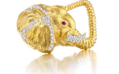 An 18k gold, diamond and ruby double clip brooch,, David Webb