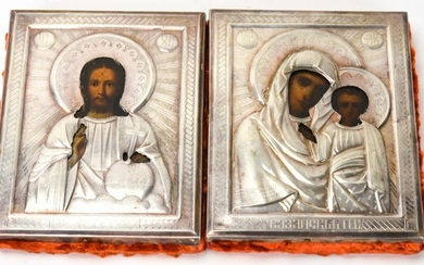 Pair 19C Silver Overlay Russian Icons