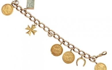 A 9ct gold charm bracelet, suspending four...