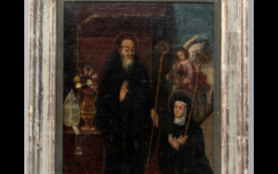 Antico dipinto ad olio su tela applicata su tavola raffigurante vescovo benedicente una santa (cm 46x37 ca) in cornice (difetti...