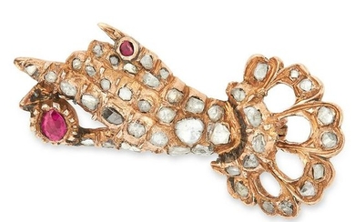 ANTIQUE RUBY AND DIAMOND HAND BROOCH set with cushion