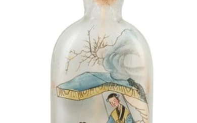 CHINESE INTERIOR PAINTED GLASS SNUFF BOTTLE In modified rectangular form, with figural landscape design. Height 3.5". Jadeite stopper.