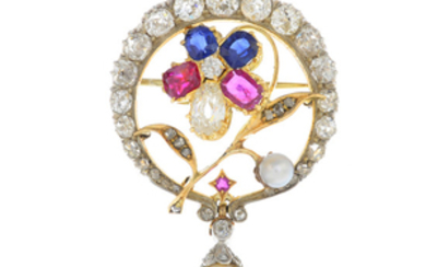 A diamond, sapphire, ruby, pearl and cultured pearl brooch.