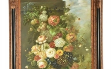 Dutch School (20th century)Still life with flowers in a vase on a stone ledgeOil on canvas 101.5 x 76cm (39¾ x 29¾ in.)Provenance: Shefford Woodlands House