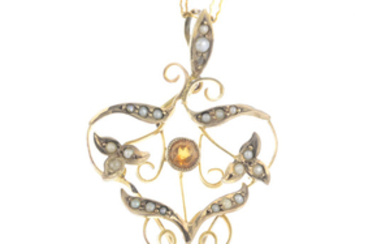 An early 20th century gold citrine and split pearl pendant, with chain.