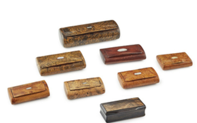 EIGHT HINGED SNUFF BOXES 19TH CENTURY comprising six burr...