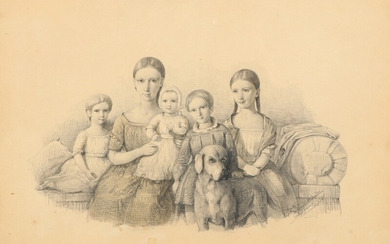 Ferdinand Richardt: A group portrait of members of the family Zytphen-Adeler. Signed. 1844. Lead and watercolour. Visible size 25×36.5 cm.
