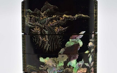 JAPANESE MOTHER-OF-PEARL INLAID BLACK LACQUER INRO