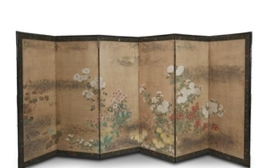 A Japanese six-fold screen depicting autumnal flowers edo period,...