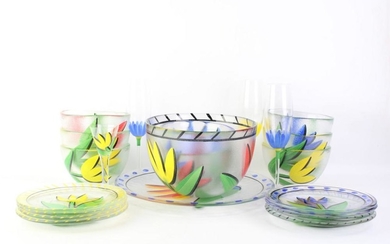 Kosta Boda 'Tulip' Glass Hand Painted Dinner/Breakfast Service For Eight Persons