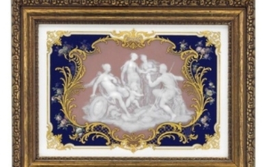 A MEISSEN PORCELAIN PATE-SUR-PATE AND ENAMELED RECTANGULAR PLAQUE, LATE 19TH CENTURY, BLUE CROSSED SWORDS MARK, INDISTINCTLY INCISED M2