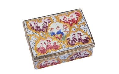A mid-18th century German enamel chinoiserie snuff box, Berlin circa 1750 by Fromery, with Louis XV