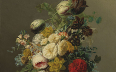 PIERRE-JOSEPH REDOUTÉ (SAINT-HUBERT, LUXEMBOURG 1759 - 1840 PARIS), Roses, tulipes, pivoines, soucis, un œillet, un iris et autres fleurs dans un vase en terre cuite sur un entablement de pierre