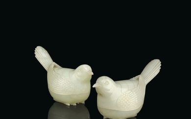 A RARE PAIR OF PALE GREENISH-WHITE JADE 'MAGPIE' BOXES AND COVERS, 18TH-19TH CENTURY