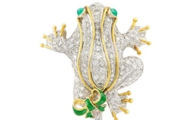 Two-Color Gold, Diamond, Cabochon Emerald and Enamel Frog Brooch