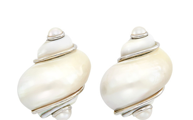 Pair of White Gold, Shell and Cultured Pearl Earclips, Seaman Schepps
