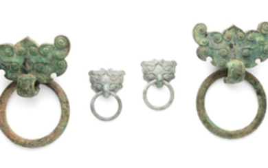 Two pairs of bronze 'Taotie mask' door ring handles, Pushou