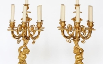 FRENCH, D'ORE BRONZE 6 LIGHT CANDELABRAS, 19TH C.
