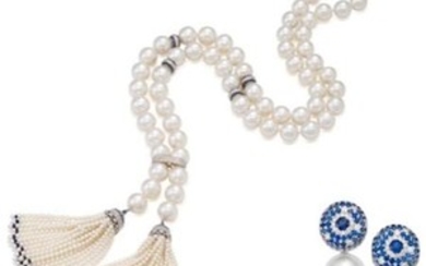 A Cultured Pearl, Sapphire and Diamond Necklace and Earring Suite