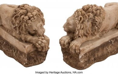 61040: A Pair of Italian Carved Marble Recumbent Lions