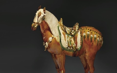 AN IMPORTANT MASSIVE SANCAI-GLAZED POTTERY FIGURE OF A FEREGHAN HORSE, TANG DYNASTY (AD 618-907)
