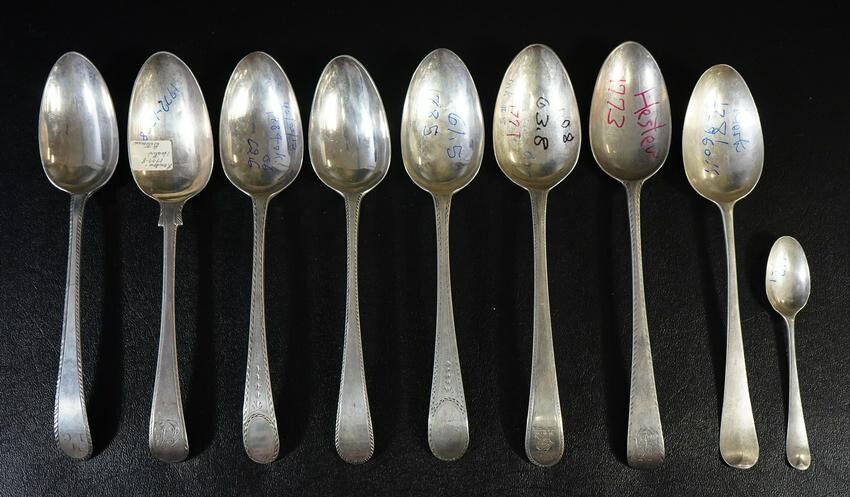 (9) 18th c English Silver Spoons, Hester Bateman