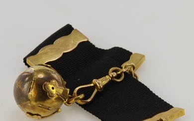 9ct yellow gold Victorian black ribbon pocket watch fob chai...