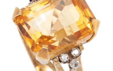 A 14CT GOLD DIAMOND AND GEMSTONE COCKTAIL RING; centring an approx. 7.5ct emerald cut fine citrine between shoulders set with 6 sing...