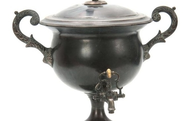 A 19TH CENTURY PATINATED COPPER SAMOVAR with brass