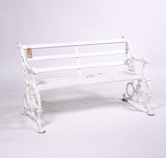 A 19TH CENTURY 'SERPENT AND GRAPE' PATTERN WHITE PAINTED GARDEN BENCH, AFTER A DESIGN BY COALBROOKDALE