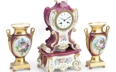 A 19th century French porcelain mantel clock garniture and stand...