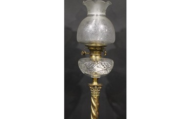 A 19th century brass oil lamp, clear cut glass font, Hinks N...