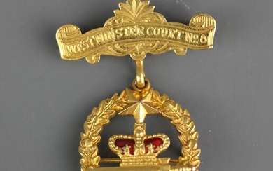 A 9ct gold 'Westminster court no.8' crowned brooch/pin, dated 1958, with yellow metal bar.